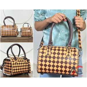 Premium Tooled Checkered Genuine Leather Women Handbags Crossbody Large Capacity Gym & Travel Speedy Duffel Bag For Daily Use - Product Image 1