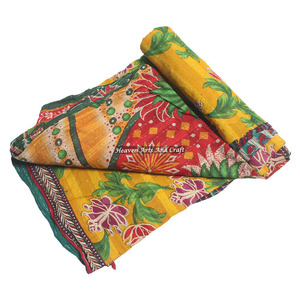 Sari Patchwork Cotton <b>Quilt</b> Hand Stitch Authentic Kantha <b>Quilt</b> Indian Reversible Hand Stitched Heavy Throw Old Sari Blanket - Product Image 4