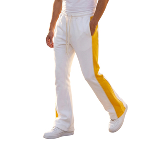 Men's White Sweatpants With Yellow Side Stripe Elastic Waist <b>Drawstring</b> Casual Joggers Flare Pants Spring Mid-Weight Flare Pants - Product Image 1