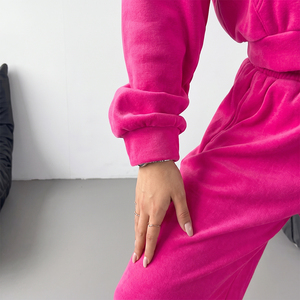 Ensemble de survêtement en polaire rose pour femme, haut court à demi-zip, coupe ample, couleur unie, avec poches latérales, tenue décontractée d'automne - Product Image 5