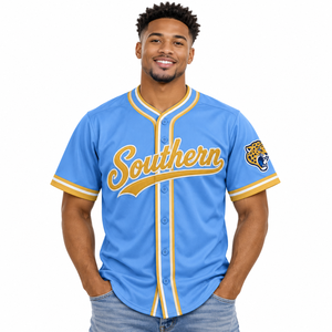 Camiseta de Béisbol de la Universidad Southern Jaguars, Personalizada HBCU, Azul y Dorado, Bordada, con Botones, Estilo Universitario, Venta al Por Mayor - Product Image 3