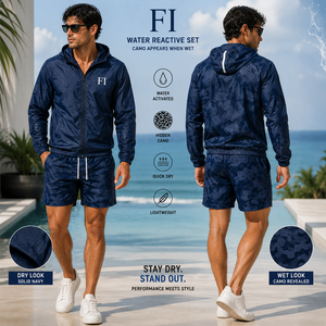 Chaqueta cortavientos con capucha y cremallera de diseño personalizado, reactiva al agua, impermeable, con patrón que cambia con el agua, para hombre. - Product Image 1