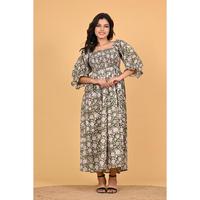 Robe maxi bohème en coton indien à imprimé floral pour femmes, robe à manches longues plissée pour les vacances d'été et les soirées