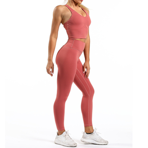 Women Yoga Set Pink Seamless Racerback <b>Crop</b> <b>Top</b> High Waist Full Length Leggings 2 Piece Activewear Set - Product Image 3