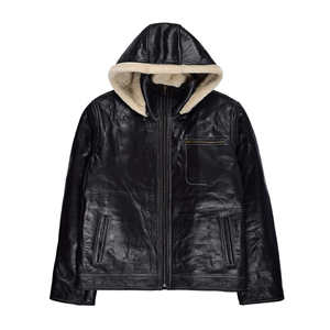 Chaqueta de Cuero Negra para Hombre con Cuello de Piel Crema, Abrigo de Invierno de Piel de Oveja Genuina, Forro Polar Cálido, Estilo Biker - Product Image 6