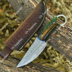 Couteau tactique de chasse et de camping à lame fixe en acier Damas Rain Drop, avec trou pour le pouce, manche en résine de pin, idéal pour l'EDC - Product Image 4