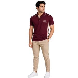Polo Premium Color Borgoña para Hombre con Franja en el Hombro y Detalle Lateral en Contraste, Bordado de Logotipo Personalizado - Product Image 1