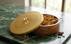 Boîte à épices Masala Dabba avec base en bois, récipient de rangement pour épices indiennes, organisateur de cuisine avec compartiments - Product Image 3