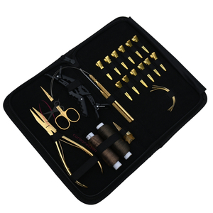 Professional Gold Stylist Hair <b>Extension</b> tools Kit 7In Flat <b>Bead</b> Crimping Plier Pulling Hook Loop Tool Hair Parting Finger Ring - Product Image 1