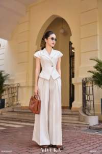 Pantalon tailleur plissé blanc taille haute à jambe large pour femme, fermeture éclair et crochet sur le devant, longueur complète, décontracté, pour le bureau, NERINA - Product Image 3