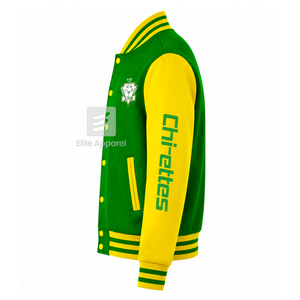 เสื้อแจ็คเก็ตวาร์ซิตี้ชมรมนักศึกษาชื่อ "ชิ เอต้า ฟี" สีเขียวและเหลือง แขนยาว ซิปด้านหน้า คอเสื้อมีแถบ ปักโลโก้ ผ้าฝ้าย - Product Image 4