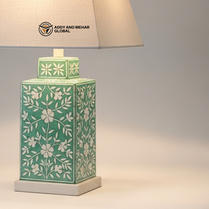 Lanterne de table artisanale en os vert incrusté, motif floral, lampe décorative de chevet carrée de luxe avec abat-jour en tissu pour la maison - Product Image 4