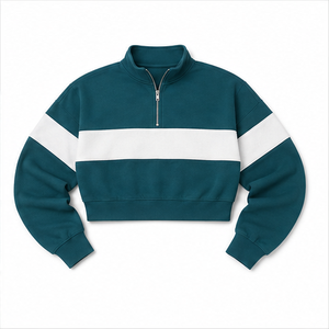 Sudadera Corta Personalizable para Mujer, Color Verde Azulado Oscuro, Corte Cuadrado, con Cierre de Cremallera de un Cuarto, de Algodón con Interior de Felpa - Product Image 6
