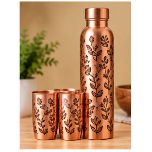 Earthy Heritage Art <b>Copper</b> <b>Water</b> <b>Bottle</b> With Floral Design Portable Drinkware Set For Home Use - Product Image 1