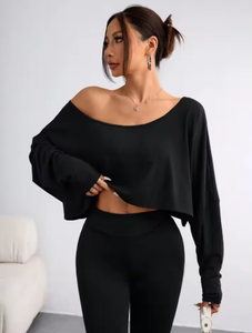 Chemise à manches longues noire pour femme, t-shirt décontracté, col asymétrique, haut sans bretelles pour le sport - Product Image 4