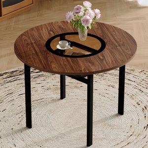 Tavolo da Pranzo Moderno Minimalista da 42 Pollici in Legno Marrone con Inserto in Vetro Marrone e Supporto in Metallo Stabile per 4-6 Persone - Product Image 1
