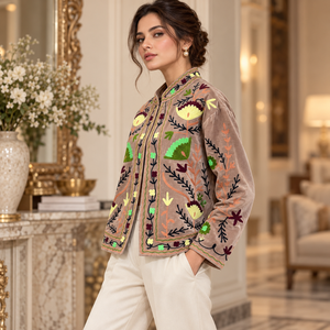Taupe Velvet Floral <b>Embroidered</b> <b>Jacket</b> <b>for</b> <b>Women</b> | Bohemian Ethnic Autumn Festive Wedding Outerwear Full Sleeves Decorative - Product Image 2