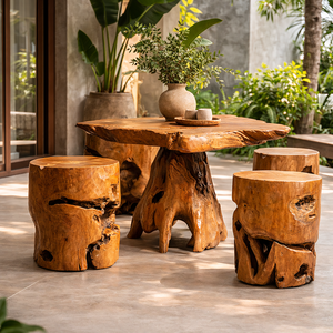 Juego de Mesa de Raíz de Teca Antigua Hecha a Mano ARTERRA Premium con Taburetes de Madera Natural - Muebles para Sala de Estar - Product Image 4