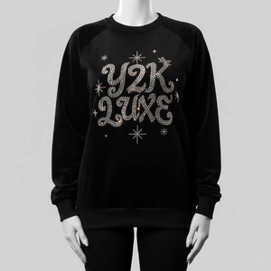 Custom Y2K Luxe Women Black <b>Velour</b> <b>Sweatshirt</b> Rhinestone Crystal Logo Pullover Heavyweight Streetwear Crewneck Winter 100% - Product Image 1