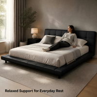Lit plateforme moderne de luxe en cuir Nappa noir, tête de lit capitonnée, mousse à haute résilience, support à lattes en acier pour chambre à coucher