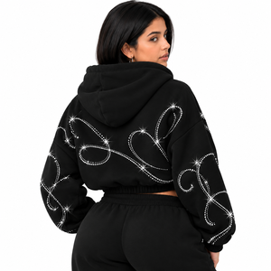 Custom Rhinestone <b>Cropped</b> <b>Zip</b> <b>Up</b> <b>Hoodie</b> Women Sparkle Streetwear Heavyweight Fleece Sweatshirt Wholesale B2B Supplier USA - Product Image 2