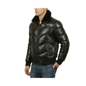 Men's Premium Quilted Leather Puffer <b>Jacket</b> with Genuine Shearling Collar J-1 Down Coat - Product Image 2