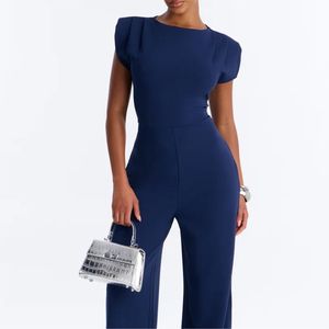 Combinaison bleu marine pour femmes, manches courtes bouffantes, col rond, taille haute, couleur unie, élégante, FITSALES LLC - Product Image 1
