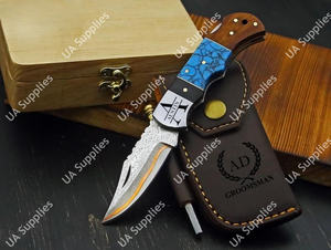 Couteau pliant professionnel fait main en acier Damas cuivré, pointe clip, pour chasse, camping, EDC, avec étui et aiguiseur, support OEM/ODM - Product Image 5