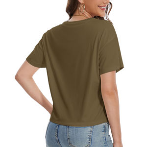 T-shirt décontracté pour femme, vert olive, coupe courte, manches courtes, col rond, coupe ample, 100% coton jersey tricoté, couleur unie - Product Image 5