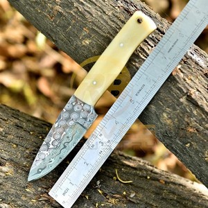 OEM Custom Handmade Hunting <b>Knife</b> | Damascus Steel Blade, <b>Bone</b> <b>Handle</b>, Leather Sheath for Outdoor Use - Product Image 1