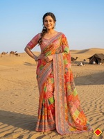 Sari de soirée TENNECY pour femme en soie Chinon, longueur cheville, avec bordure à passepoil, pompons Latkan, travail miroir authentique, entièrement cousu