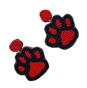 Boucles d'oreilles perlées de luxe à la mode avec broderie à la main en perles de graine-Boucles d'oreilles en perles noires avec empreinte de patte rouge fabriquées en Inde - Product Image 1