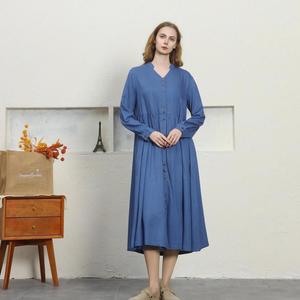 Women Boho Blue Plain Cotton Linen Maxi <b>Dress</b> With Button Front V-Neck <b>Loose</b> Fit Full Sleeve Summer Casual <b>Dress</b> - Product Image 2
