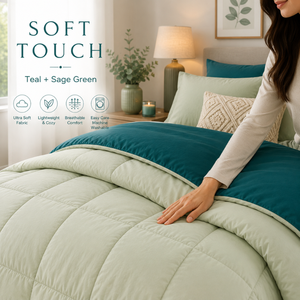 400 GSM Sage Green Teal Reversible Dual Tone Microfiber Comforter | Warm All Season <b>Bedding</b> <b>Quilt</b> for Resort Hotel Guest Bedroom - Product Image 2