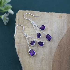 Pendientes Largos de Amatista Natural con Cadena, Plata de Ley 925, Pendientes de Gancho con Cadena, Joyería al por Mayor para Mujer - Product Image 2
