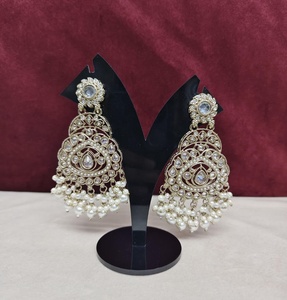 Traditional Antique Gold Plated Kundan Chandbali <b>Earrings</b> Red Gemstone Oversized Statement Dangle <b>Earrings</b> with pearl bead - Product Image 1