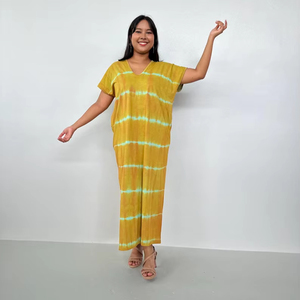 Robe de salon en jersey de coton pour femmes, style caftan marocain, tie-dye, col en V avec poches - Product Image 1