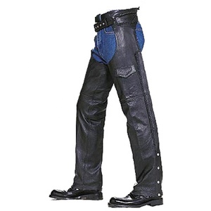 Chaps en cuir de moto unisexe avec logo véritable cuir de vachette noir style plat avant longue saison d'hiver côtés unis pain pour femmes - Product Image 1