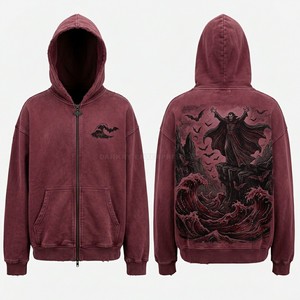 Sweat à capuche rouge bordeaux personnalisé, streetwear de luxe, imprimé doré délavé à l'acide, pull molletonné épais pour homme, vente en gros fabricant - Product Image 4