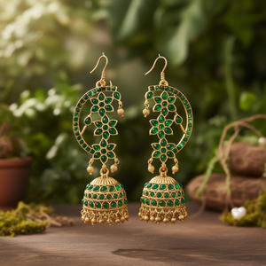 Boucles d'oreilles chandelier Jhumki traditionnelles en pierre Pota et perles plaquées or glamour - Style ethnique bohème vintage classique - Product Image 3