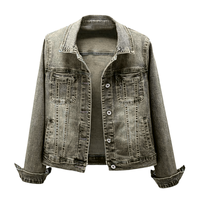 Veste en jean délavé boutonnée coupe classique personnalisée pour femme, style streetwear automne, manches longues, en denim épais
