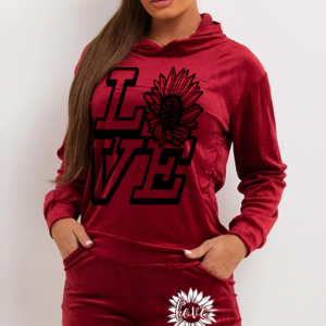 Conjunto Deportivo de Hombre en Terciopelo Borgoña, 100% Algodón, Sudadera con Capucha, Pantalones Largos, Estampado de Letras de Amor, Casual, 2 Piezas - Product Image 2
