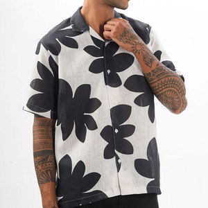 Chemise hawaïenne à manches courtes pour homme, imprimé floral noir et blanc, col rabattu, popeline, décontractée, pour l'été - Product Image 2