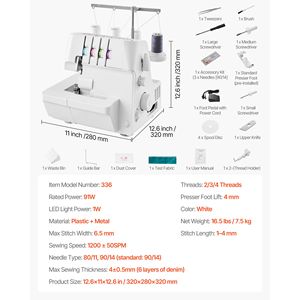 Macchina da Cucire Overlock a 2-3-4 Fili con 1250 Punti al Minuto e Alimentazione Differenziale Regolabile 0.7-2 - Product Image 4