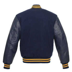 Veste universitaire unisexe bleu marine avec manches à bordure jaune, style preppy, boutonnée sur le devant, inspirée des universités, couleurs personnalisables - Product Image 2
