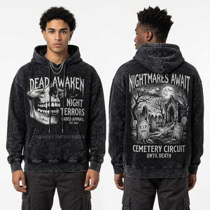 Sudadera con Capucha Personalizada con Lavado Ácido, Color Borgoña, para Hombre, Estilo Urbano, con Gráfico de la Catedral de los Muertos, Estilo Gótico, Urban Decay, Ropa de la Liga de los Muertos - Product Image 3