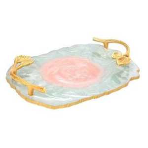 Luxury <b>Black</b> and White Split Resin Serving <b>Tray</b> with Gold Foil Accents Wavy Geode Style Platter with Gold Metal Handles - Product Image 4