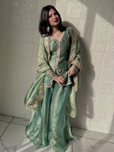 Pure Fendy <b>Silk</b> Coding Dori Sequence Kurti Set With Lined Elastic <b>Palazzo</b> <b>Pant</b> And Lace Border Dupatta For Women OO 37 - Product Image 2