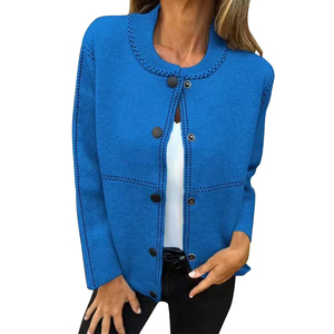 Cardigan décontracté en laine/cachemire pour femme, col Peter Pan, manches longues, tricot élégant anti-boulochage, bleu - Product Image 3