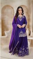 Robe de mariée indienne pakistanaise brodée violette pour femmes, tenue traditionnelle Anarkali longue, en polyester, coupe classique, pour adultes